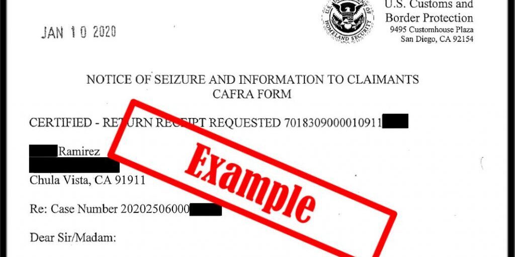 cafra notice of seizure, claim, petition, customs cash seizure, cbp
