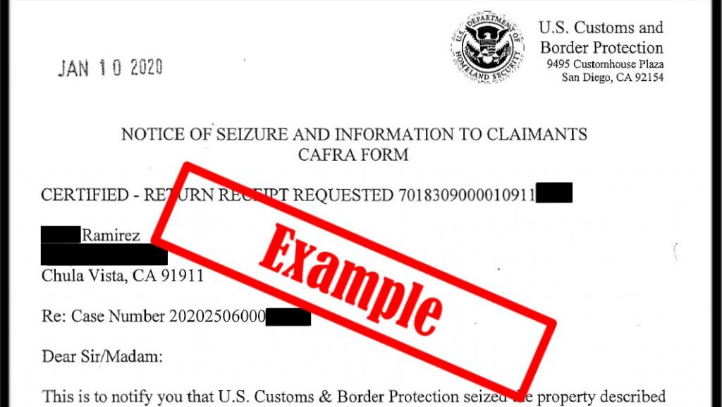 cafra notice of seizure, claim, petition, customs cash seizure, cbp