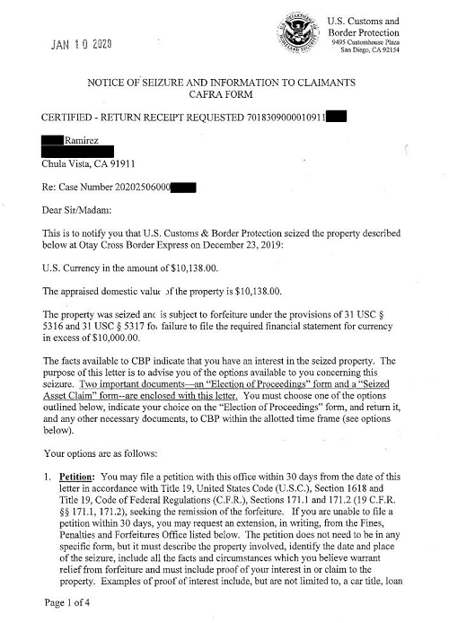 Cash Seizure Letter